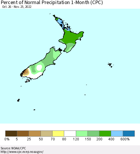 New Zealand Percent of Normal Precipitation 1-Month (CPC) Thematic Map For 10/26/2022 - 11/25/2022