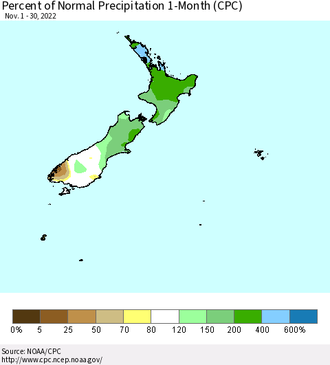 New Zealand Percent of Normal Precipitation 1-Month (CPC) Thematic Map For 11/1/2022 - 11/30/2022