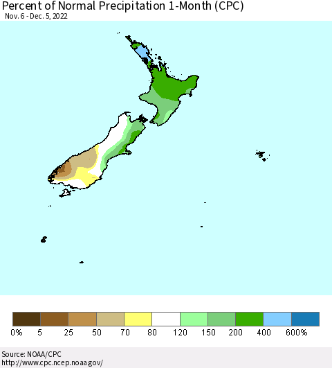 New Zealand Percent of Normal Precipitation 1-Month (CPC) Thematic Map For 11/6/2022 - 12/5/2022