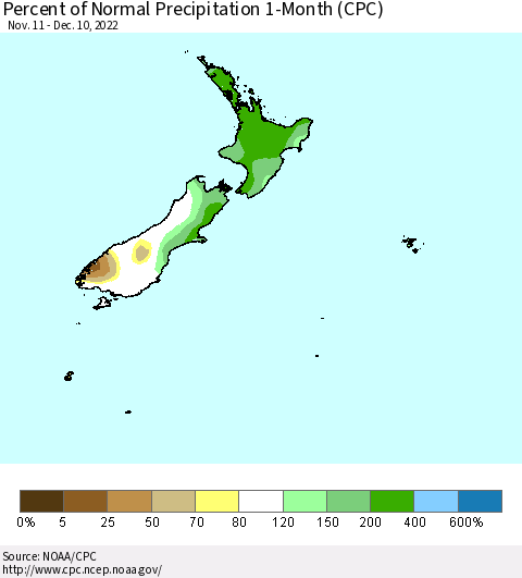 New Zealand Percent of Normal Precipitation 1-Month (CPC) Thematic Map For 11/11/2022 - 12/10/2022