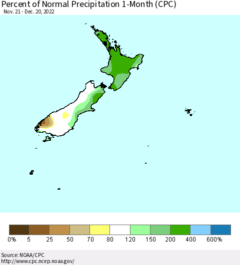 New Zealand Percent of Normal Precipitation 1-Month (CPC) Thematic Map For 11/21/2022 - 12/20/2022