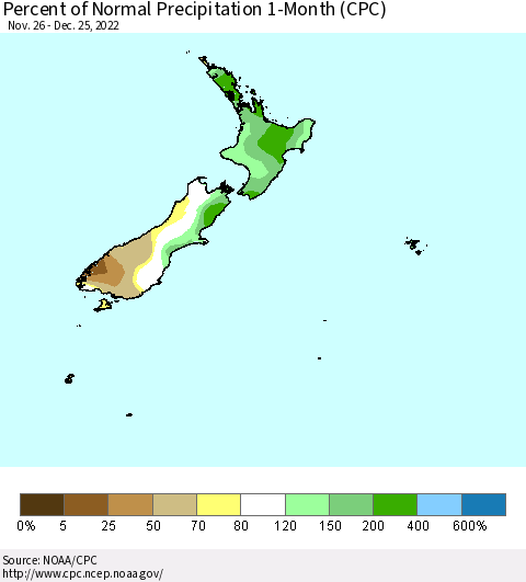 New Zealand Percent of Normal Precipitation 1-Month (CPC) Thematic Map For 11/26/2022 - 12/25/2022