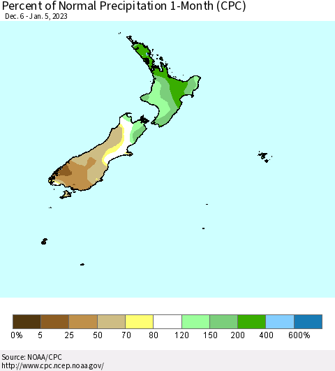 New Zealand Percent of Normal Precipitation 1-Month (CPC) Thematic Map For 12/6/2022 - 1/5/2023