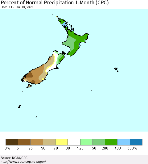 New Zealand Percent of Normal Precipitation 1-Month (CPC) Thematic Map For 12/11/2022 - 1/10/2023