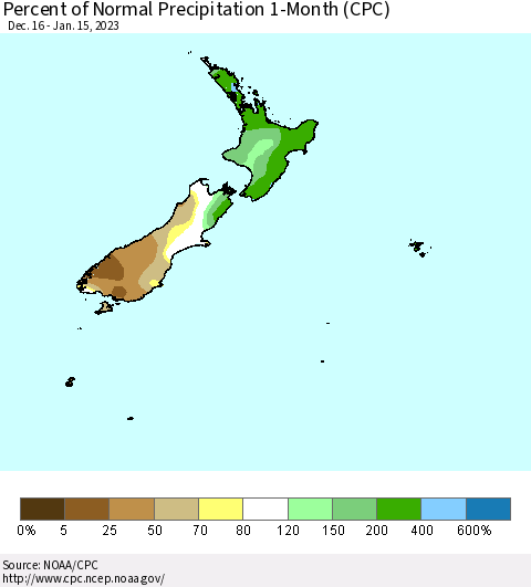 New Zealand Percent of Normal Precipitation 1-Month (CPC) Thematic Map For 12/16/2022 - 1/15/2023