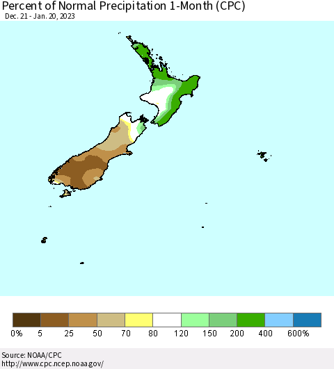New Zealand Percent of Normal Precipitation 1-Month (CPC) Thematic Map For 12/21/2022 - 1/20/2023