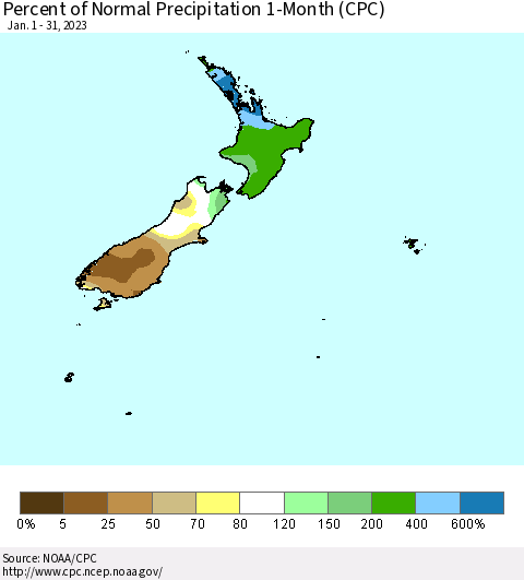 New Zealand Percent of Normal Precipitation 1-Month (CPC) Thematic Map For 1/1/2023 - 1/31/2023
