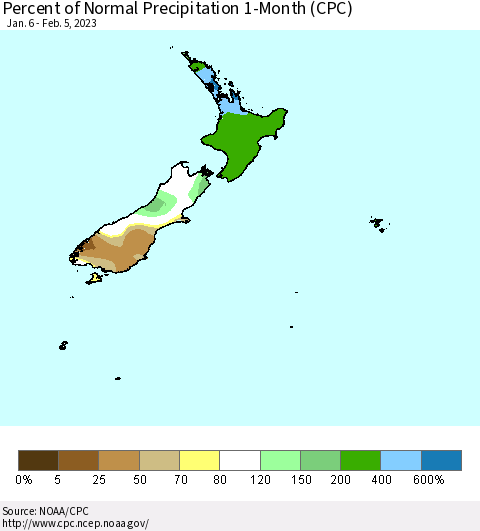 New Zealand Percent of Normal Precipitation 1-Month (CPC) Thematic Map For 1/6/2023 - 2/5/2023