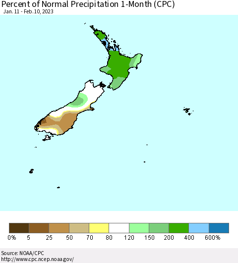 New Zealand Percent of Normal Precipitation 1-Month (CPC) Thematic Map For 1/11/2023 - 2/10/2023