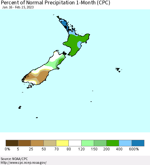 New Zealand Percent of Normal Precipitation 1-Month (CPC) Thematic Map For 1/16/2023 - 2/15/2023