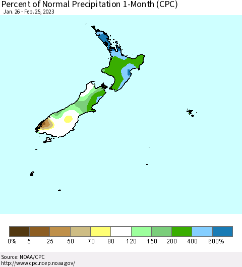 New Zealand Percent of Normal Precipitation 1-Month (CPC) Thematic Map For 1/26/2023 - 2/25/2023