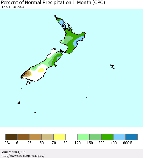 New Zealand Percent of Normal Precipitation 1-Month (CPC) Thematic Map For 2/1/2023 - 2/28/2023
