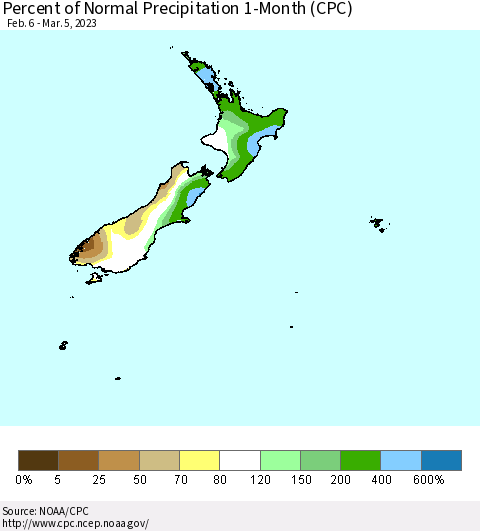 New Zealand Percent of Normal Precipitation 1-Month (CPC) Thematic Map For 2/6/2023 - 3/5/2023