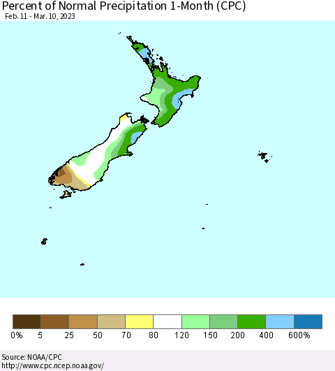 New Zealand Percent of Normal Precipitation 1-Month (CPC) Thematic Map For 2/11/2023 - 3/10/2023