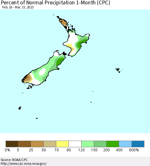 New Zealand Percent of Normal Precipitation 1-Month (CPC) Thematic Map For 2/16/2023 - 3/15/2023