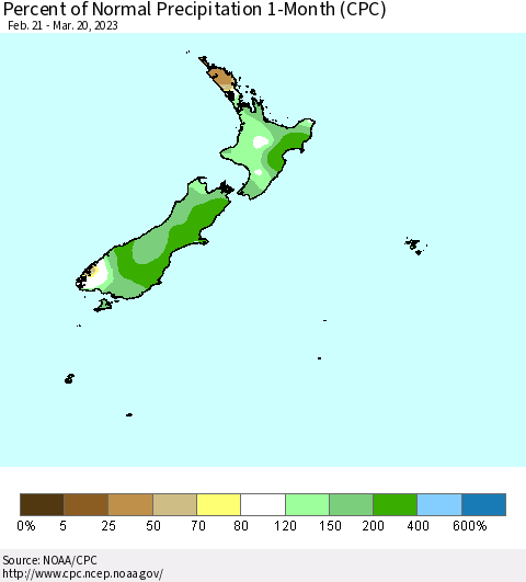 New Zealand Percent of Normal Precipitation 1-Month (CPC) Thematic Map For 2/21/2023 - 3/20/2023