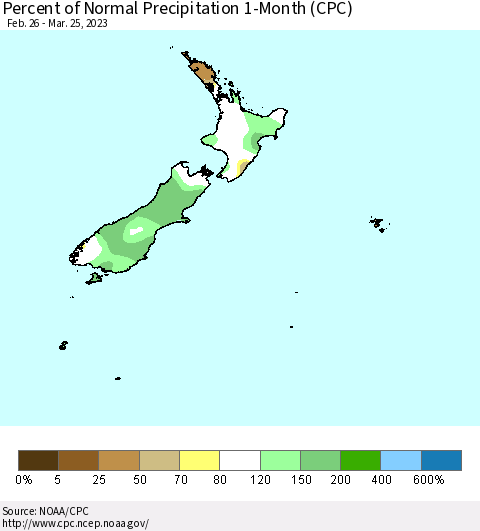 New Zealand Percent of Normal Precipitation 1-Month (CPC) Thematic Map For 2/26/2023 - 3/25/2023