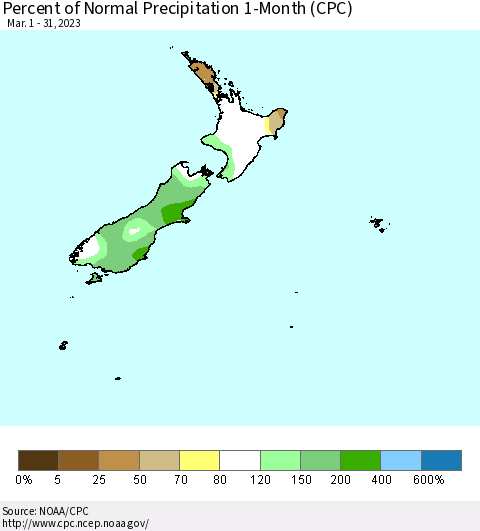 New Zealand Percent of Normal Precipitation 1-Month (CPC) Thematic Map For 3/1/2023 - 3/31/2023