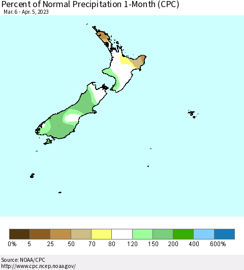 New Zealand Percent of Normal Precipitation 1-Month (CPC) Thematic Map For 3/6/2023 - 4/5/2023