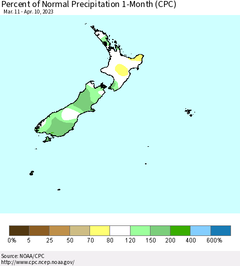New Zealand Percent of Normal Precipitation 1-Month (CPC) Thematic Map For 3/11/2023 - 4/10/2023