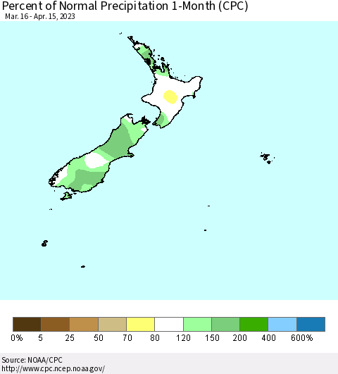 New Zealand Percent of Normal Precipitation 1-Month (CPC) Thematic Map For 3/16/2023 - 4/15/2023