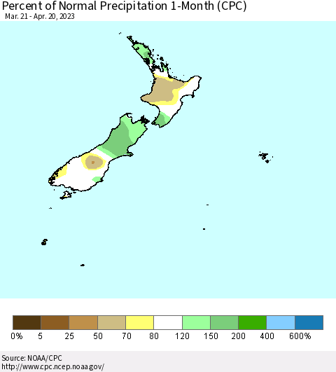 New Zealand Percent of Normal Precipitation 1-Month (CPC) Thematic Map For 3/21/2023 - 4/20/2023