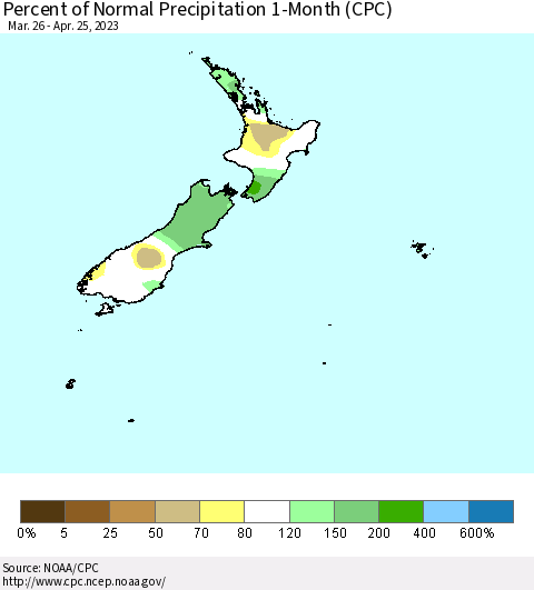 New Zealand Percent of Normal Precipitation 1-Month (CPC) Thematic Map For 3/26/2023 - 4/25/2023