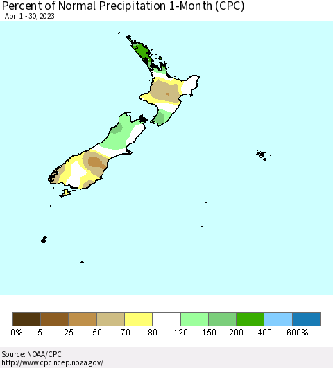 New Zealand Percent of Normal Precipitation 1-Month (CPC) Thematic Map For 4/1/2023 - 4/30/2023