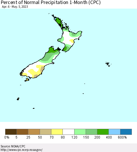 New Zealand Percent of Normal Precipitation 1-Month (CPC) Thematic Map For 4/6/2023 - 5/5/2023