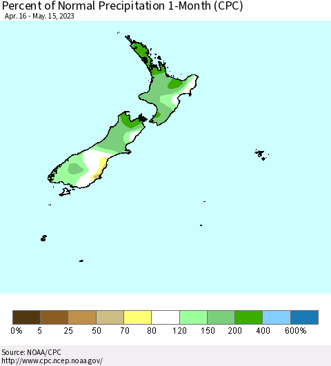 New Zealand Percent of Normal Precipitation 1-Month (CPC) Thematic Map For 4/16/2023 - 5/15/2023
