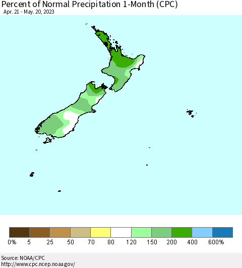 New Zealand Percent of Normal Precipitation 1-Month (CPC) Thematic Map For 4/21/2023 - 5/20/2023