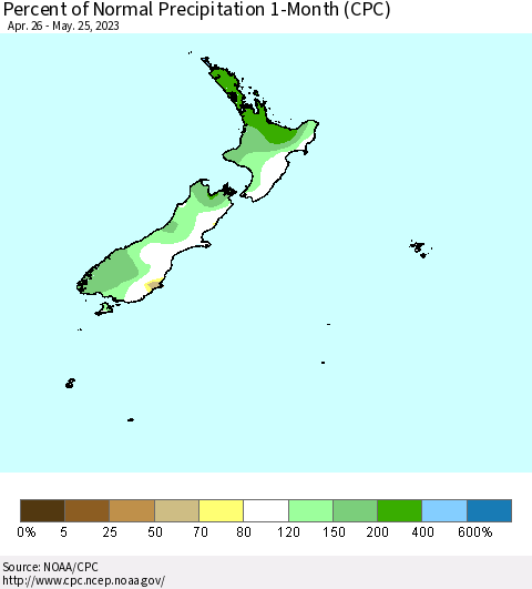 New Zealand Percent of Normal Precipitation 1-Month (CPC) Thematic Map For 4/26/2023 - 5/25/2023