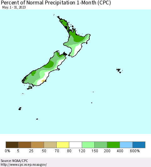 New Zealand Percent of Normal Precipitation 1-Month (CPC) Thematic Map For 5/1/2023 - 5/31/2023