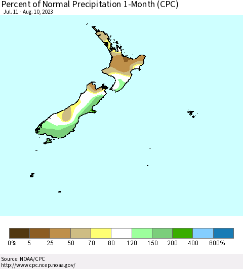 New Zealand Percent of Normal Precipitation 1-Month (CPC) Thematic Map For 7/11/2023 - 8/10/2023
