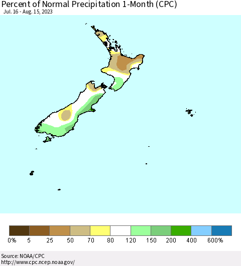 New Zealand Percent of Normal Precipitation 1-Month (CPC) Thematic Map For 7/16/2023 - 8/15/2023