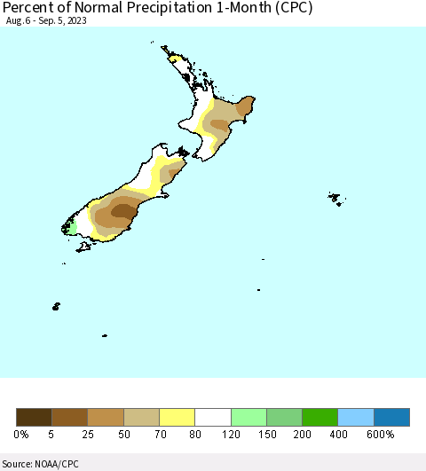 New Zealand Percent of Normal Precipitation 1-Month (CPC) Thematic Map For 8/6/2023 - 9/5/2023