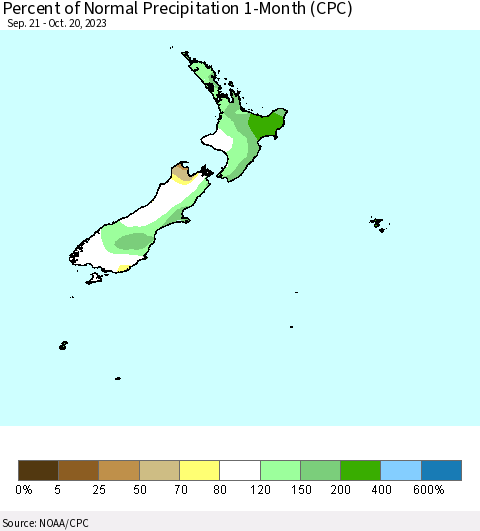 New Zealand Percent of Normal Precipitation 1-Month (CPC) Thematic Map For 9/21/2023 - 10/20/2023