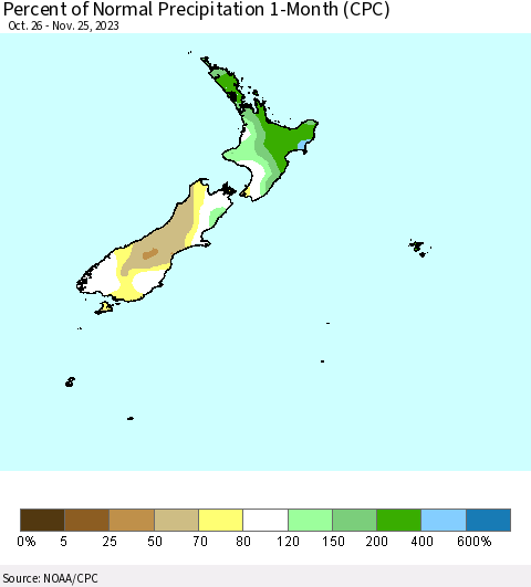 New Zealand Percent of Normal Precipitation 1-Month (CPC) Thematic Map For 10/26/2023 - 11/25/2023