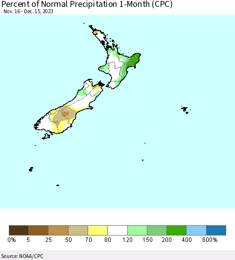New Zealand Percent of Normal Precipitation 1-Month (CPC) Thematic Map For 11/16/2023 - 12/15/2023