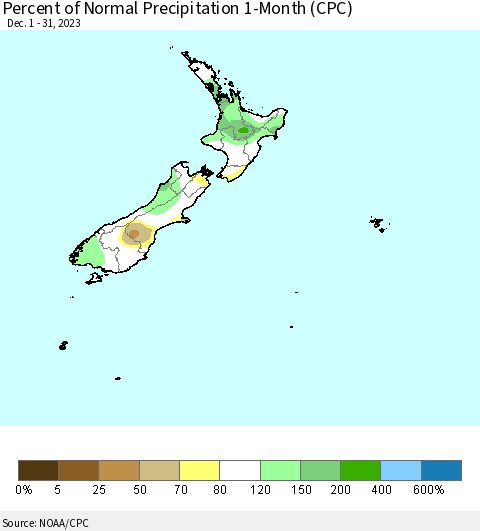 New Zealand Percent of Normal Precipitation 1-Month (CPC) Thematic Map For 12/1/2023 - 12/31/2023