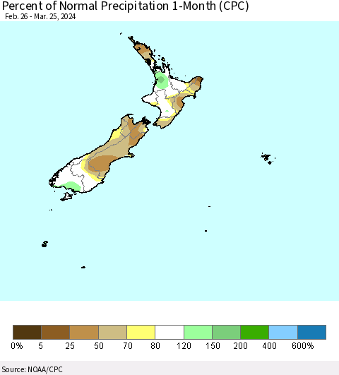 New Zealand Percent of Normal Precipitation 1-Month (CPC) Thematic Map For 2/26/2024 - 3/25/2024