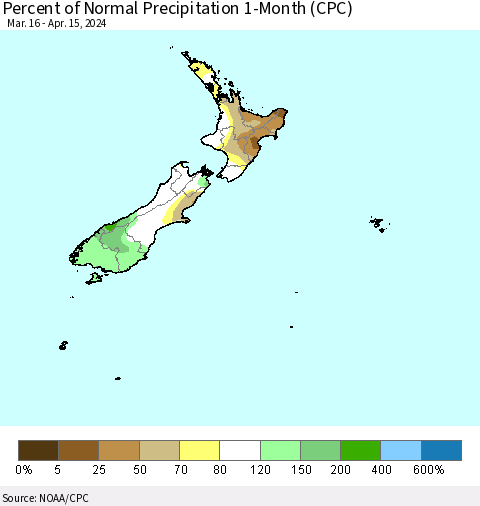 New Zealand Percent of Normal Precipitation 1-Month (CPC) Thematic Map For 3/16/2024 - 4/15/2024