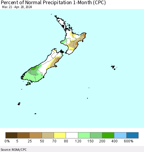 New Zealand Percent of Normal Precipitation 1-Month (CPC) Thematic Map For 3/21/2024 - 4/20/2024