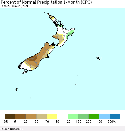 New Zealand Percent of Normal Precipitation 1-Month (CPC) Thematic Map For 4/26/2024 - 5/25/2024