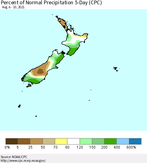 New Zealand Percent of Normal Precipitation 5-Day (CPC) Thematic Map For 8/6/2021 - 8/10/2021
