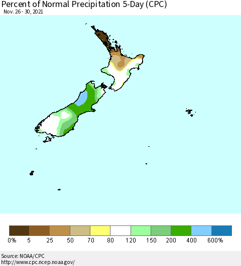 New Zealand Percent of Normal Precipitation 5-Day (CPC) Thematic Map For 11/26/2021 - 11/30/2021