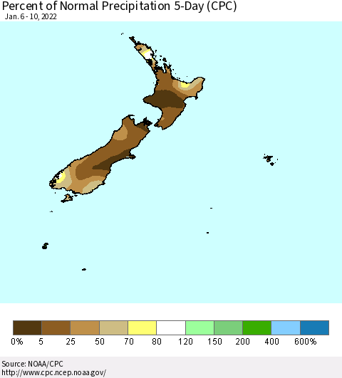 New Zealand Percent of Normal Precipitation 5-Day (CPC) Thematic Map For 1/6/2022 - 1/10/2022