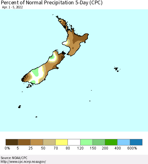 New Zealand Percent of Normal Precipitation 5-Day (CPC) Thematic Map For 4/1/2022 - 4/5/2022