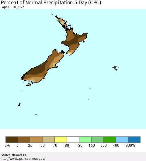 New Zealand Percent of Normal Precipitation 5-Day (CPC) Thematic Map For 4/6/2022 - 4/10/2022