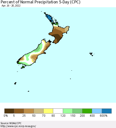 New Zealand Percent of Normal Precipitation 5-Day (CPC) Thematic Map For 4/16/2022 - 4/20/2022